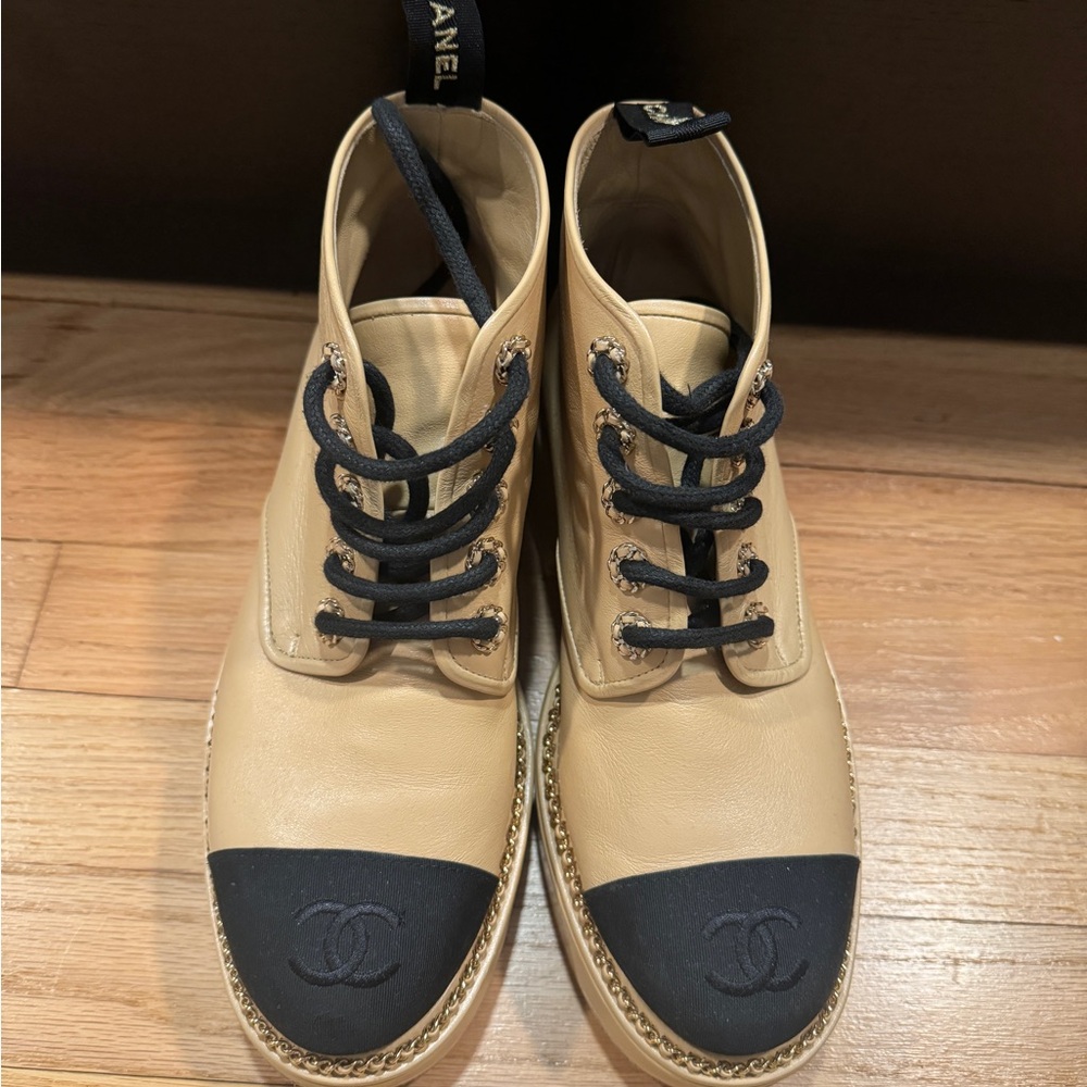 CHANEL Beige and Black Ankle Boots